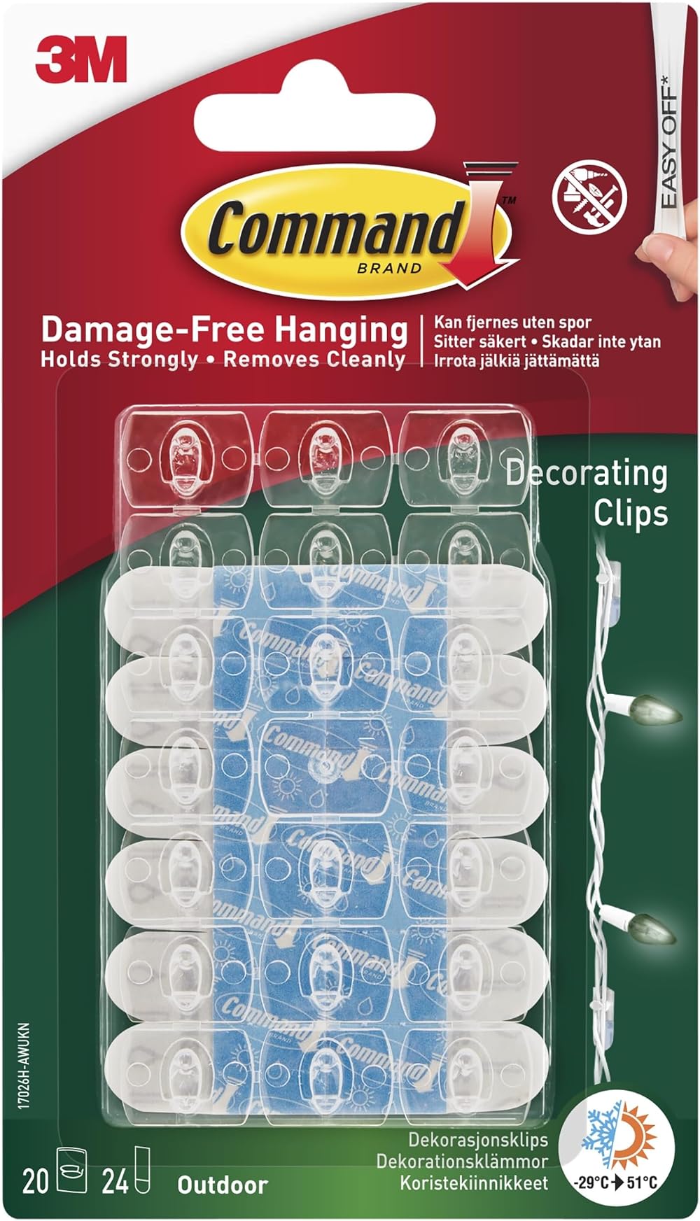 Command Outdoor Decorating Clips 17026H-AW Mini Clear Hooks 20pk + 24 Strips
