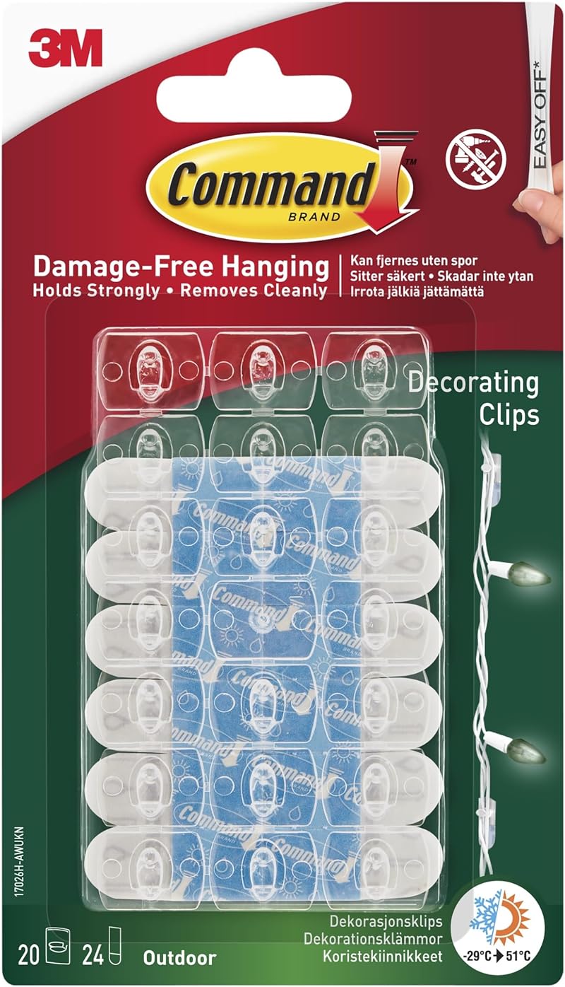 Command Outdoor Decorating Clips 17026H-AW Mini Clear Hooks 20pk + 24 Strips