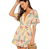 Floerns Women's Tropical Floral Plunging V Neck Tie Open Back Summer Short Dress