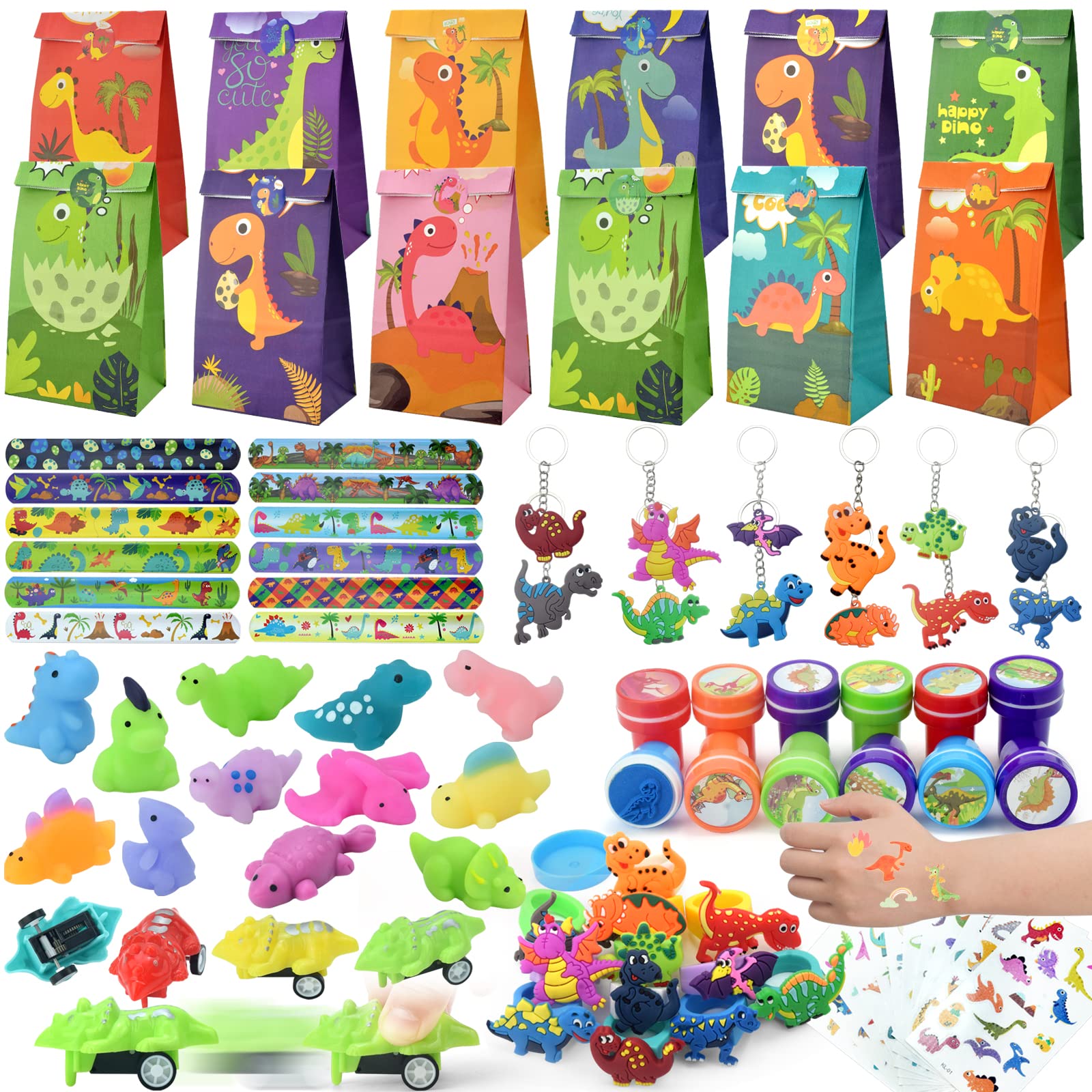 Moltby Dinosaur Party Bags Fillers - Dinosaur Party Favours for Kids, Dinosaur Pinata for Kids Parties, Dino Keychains Ring Tattoos Party Supplies for Boys Girls