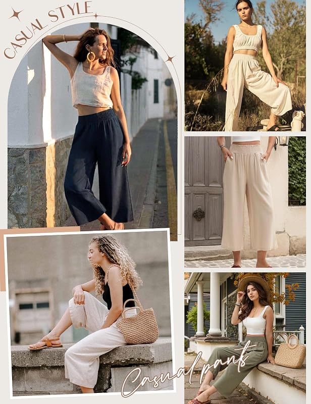 Pantalon Lin Femme Été Coton Chanvre 3/4 Large Pantalons Fluide Elegant Chic Taille Haute Élastique Pantacourt Léger Respirant Jogging Pants de Plage avec Poches (Noir, S)