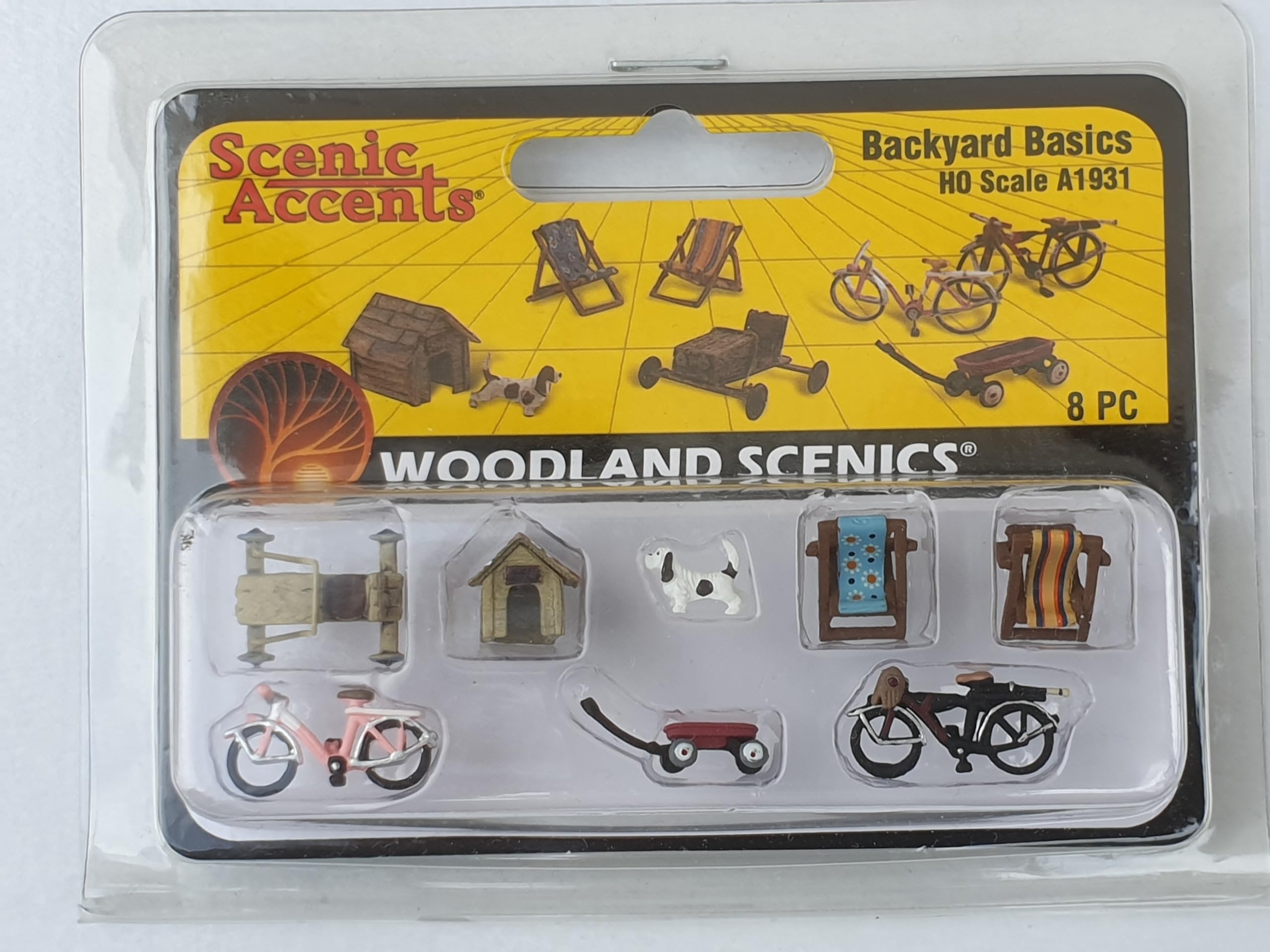 Woodland Scenics A1931 Garden Accessories Garden Chairs Children's Bicycle Dog Kennel Dog Soap Box Figures Gauge H0 HO 1:87