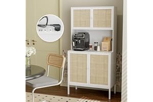 IKIFLY Kitchen Pantry Rattan Storage Cabinet with Outlet and USB Ports, Kitchen Sideboard Buffet Cabinet with Handmade Rattan Doors & Large Countertop, Freestanding Tall Cupboard for Home - White