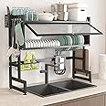 bukfen Dish Drying Rack, Over The Sink Dish Drainer Drying Rack 2 Tier Dish Rack with Cover for Kitchen (Black, Middle 33.46 Length)