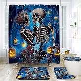 YMTZJYQ Halloween Bathroom Shower Curtain Set,4 Pcs Skeleton Lovers Gothic Skull Bath Decor with Curtains Mats/U-Shape Rugs Toilet Seat Cover and Hooks (Blue)