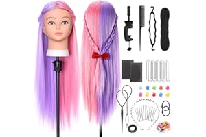Yekavo Mannequin Head with 60% Human Hair, 26" Straight Real Hair Doll Head for Cosmetology & Hairdresser Training Head with Clamp Holder and Styling Kits (Purple Pink-1)
