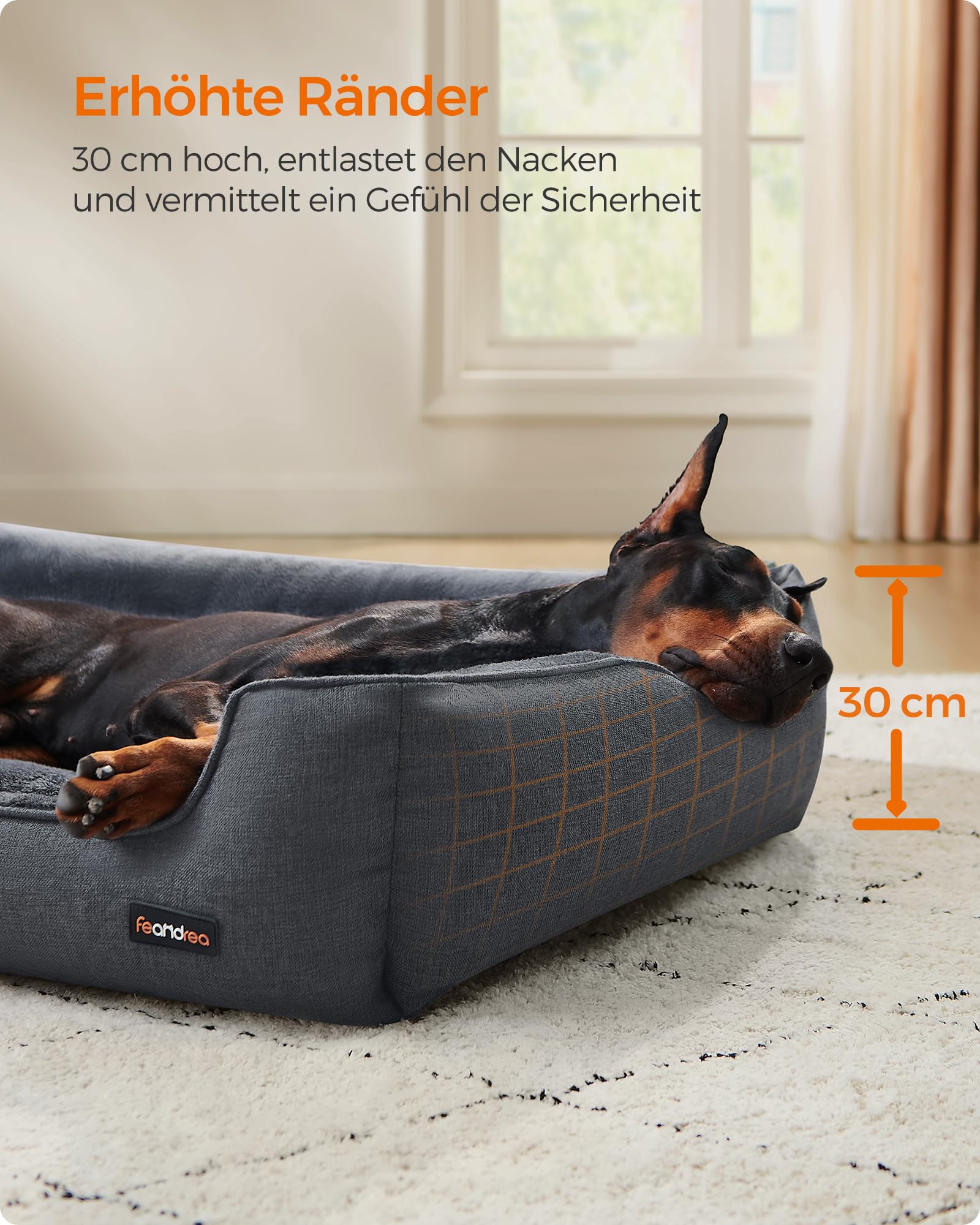 Feandrea Hundebett, Hundekissen in Leinenoptik, Hundekorb, erhöhte Ränder, rutschfeste Unterseite, Bezug abnehmbar waschbar, XXL, für extra große Hunde, 120 x 90 x 30 cm, dunkelgrau PGW013G01 3