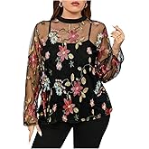 OYOANGLE Women's Plus Size Floral Embroidery Long Sleeve Sheer Blouse Boho See Through Tops