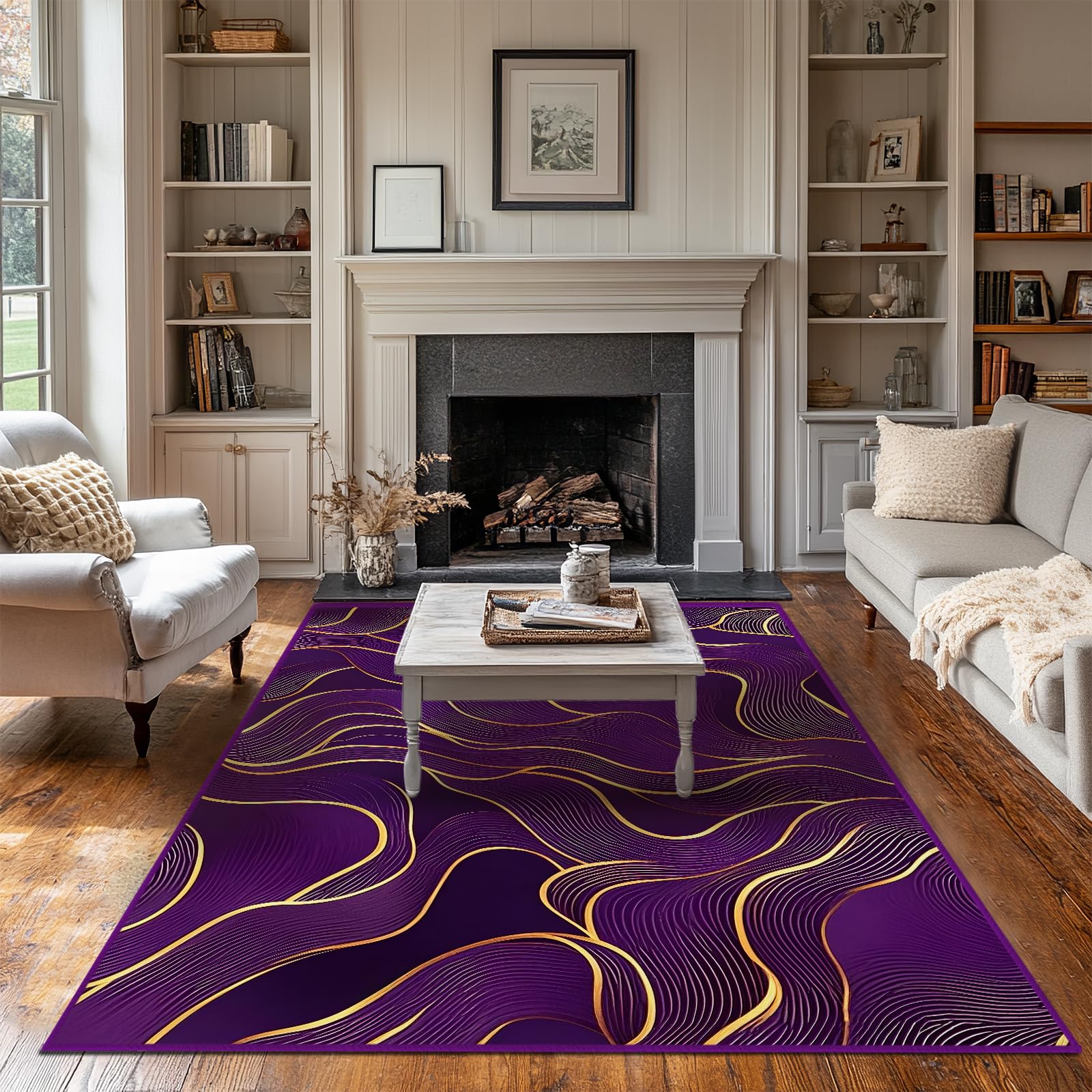 Photo 1 of 5x7 Area Rug Purple Gold Modern Rug for Living Room Indoor Machine Washable Abstract Rugs for Bedroom Ultra Soft Dining Room Large Carpet Non-Slip Non-Shedding Throw Rug for Home Office Kids Playroom
