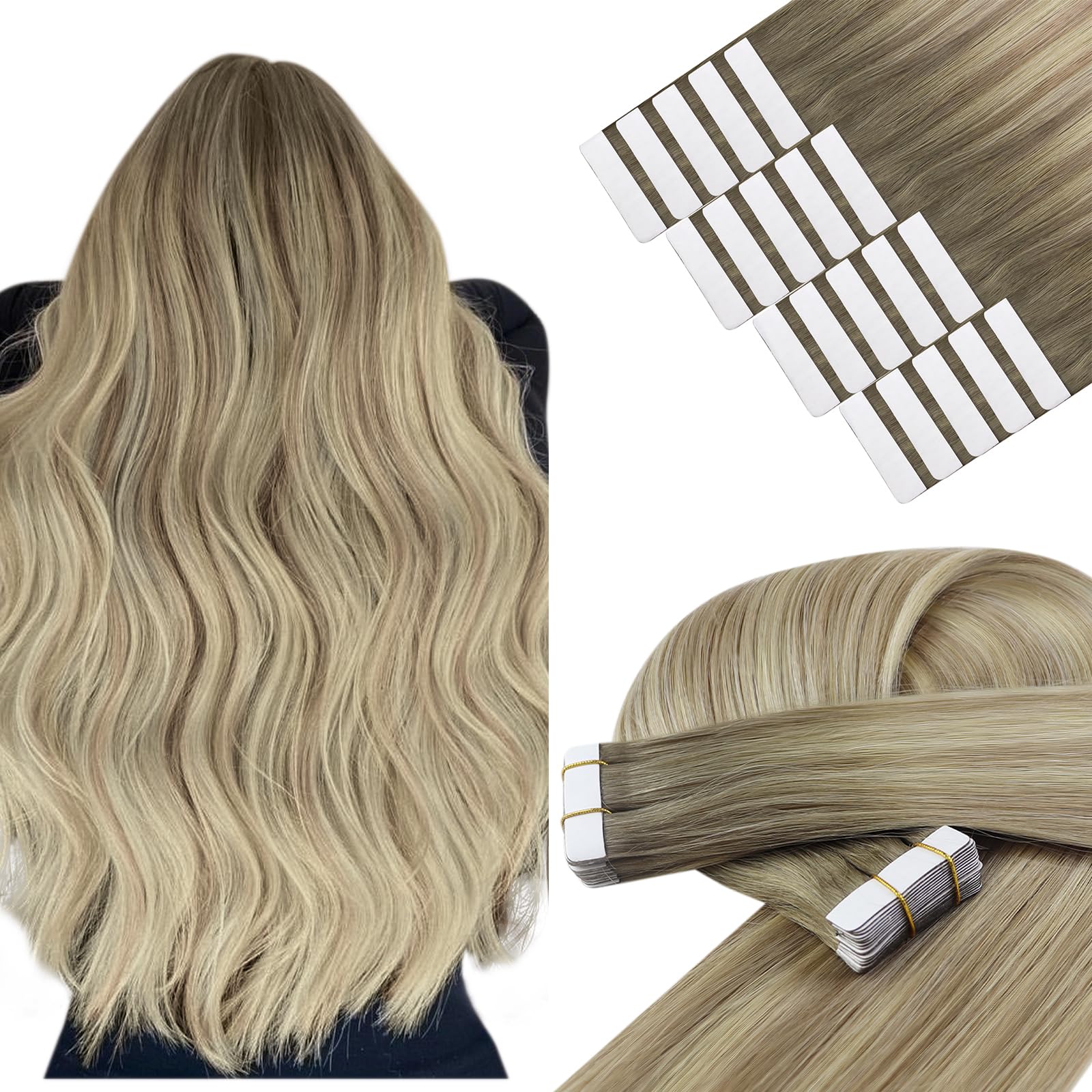YoungSee Tape in Hair Extensions Balayage Ash Blonde Ombre Platinum Blonde InvisibleTape on Hair Extensions Remy Human Hair Balayage Easy to Remove 18In 50G 20Pcs