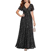 Pinup Fashion Formal Gowns and Evening Dresses - Glitter Prom V Neck Flutter Sleeve A-line Long Dress with Belt