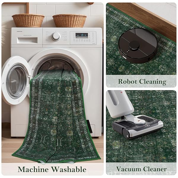 MOYNESA VINTAGE WASHABLE GREEN RUGS FOR LIVING ROOM 5X7, RETRO AREA RUG FOR BEDROOM DINING ROOM KITCHEN, LOW PILE SOFT NON-SLIP ACCENT CARPETS FOR OFFICE INDOOR NURSERY