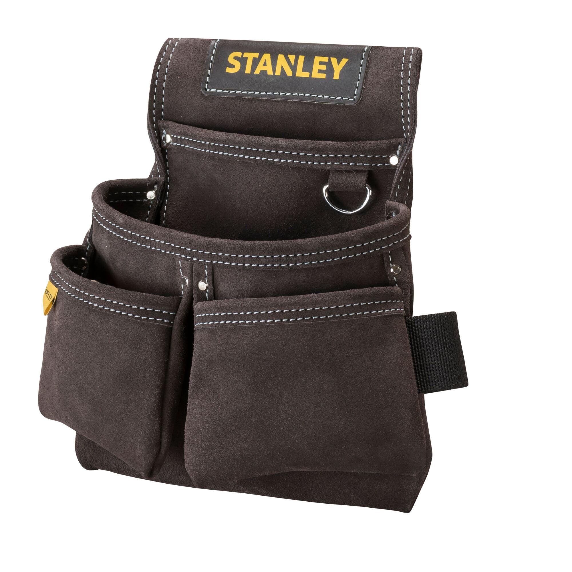STANLEY Leather Tool Pouch, Double Pocket Storage Organiser, Hammer Loop, STST1-80114 Dark Brown One Size