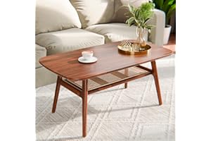 Bme Nancy Solid Acacia Wood Coffee Table for Living Room, Spacious Oval-Shaped 237 Lbs Top Capacity, Rattan Shelf Below, Mid Century, Rustic and Modern Style Living Room Furniture, Dark Chocolate