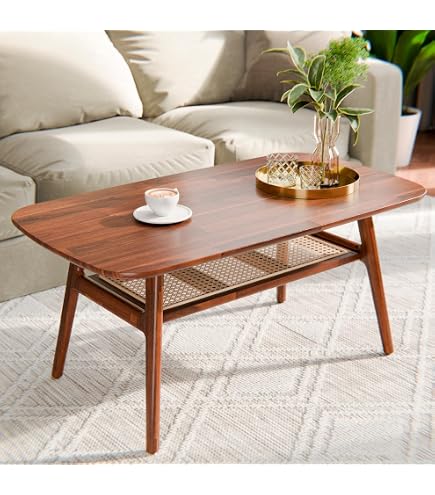 47" Solid Oak Coffee Table With Storage Shelf – 2-Tier Farmhouse Rustic Rectangle Table For Living Room