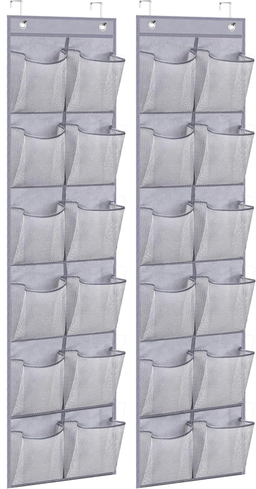 MISSLO Narrow Over The Door Shoe Organizer Door Hanger 12 Large Mesh Pockets Hanging Shoe Rack for Closet Door Cruise Ship Essential, Grey, 2 Pack