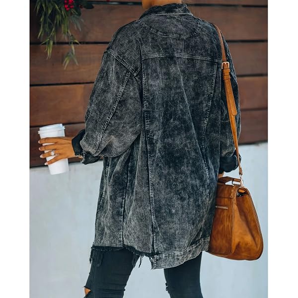 HIXIAOHE WOMEN’S CASUAL OVERSIZED BUTTON DOWN CORDUROY SHIRT JACKET COAT WASHED RETRO SHACKET (BLACK, XS)