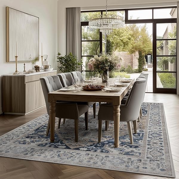 KENODITAN 9X12 AREA RUG LIVING ROOM RUGS, STAIN RESISTANT WASHABLE RUG, VINTAGE LARGE NON-SLIP BACKING, LOW PILE LIGHTWEIGHT PRINT RUG FOR BEDROOM DINNING ROOM HOME OFFICE (TAUPE/BLUE)