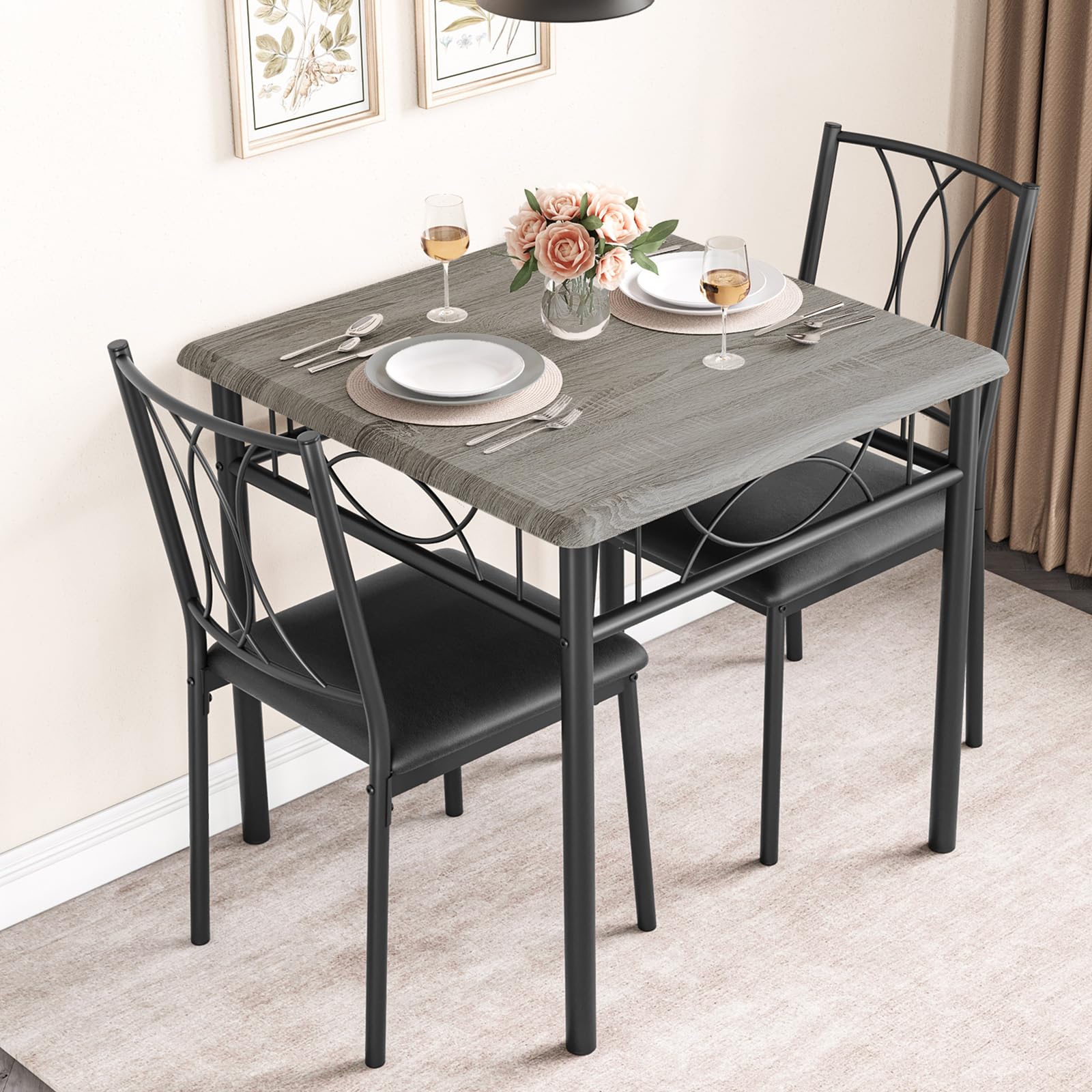 Photo 1 of IDEALHOUSE Dining Table Set for 2, Square Dinner Table Sets with 2 Upholstered Chairs, Small Kitchen Table and Chairs for 2, Corner Dining Room Table Set for Apartment, Small Space, Dinner, Retro Gray