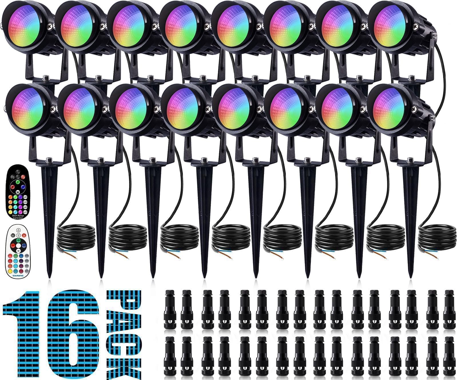 Photo 1 of SUNVIE Christmas RGB Low Voltage Landscape Lights 12W LED Color Changing Landscape Lights Remote Control Waterproof Spotlights Outdoor Landscape Lighting for Yard Garden 16 Pack with Connector