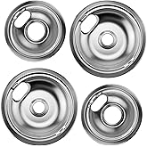 W10196406 and W10196405 Chrome Stove Burner Drip Pan Set for Whirlpool Amana Maytag Magic-Chef Kenmore Electric Range with Locking Slot, Includes 2 6-Inch and 2 8-Inch Drip Bowls