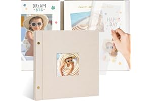 Remowith 10x10 Inch Linen Self Adhesive Photo Album with Window, 20 Pages Scrapbook for Wedding Memories & Family Keepsakes, Classic Beige, Fits 2x3 4x6 5x7 Photos