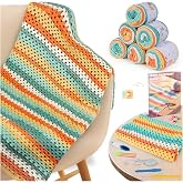 Aeelike Crochet Kit for Beginners,Knitting a Blanket with Cake Yarn | 6 Skeins Ombre Cake Yarn(Each 100g,Premium 5-ply ),Summer Rainbow Blanket for AC Room,Ideal Crochet Gift for Beginners