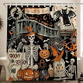 Koazava Halloween Shower Curtain for Bathroom, Vintage Skull Pumpkin Witch Curtain with 12 Hooks, Scary Bat Cat Curtains for Restroom Window Home Indoor Decorations 71'' x 71''