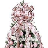 Christmas Tree Topper Christmas Wreath Bow, 52*13 inches Large Tree Toppers Bow with Glitter Streamer and Patterned Ribbon for Xmas Tree Décor Christmas Home Indoor Outdoor Decoration Lake Rose Gold