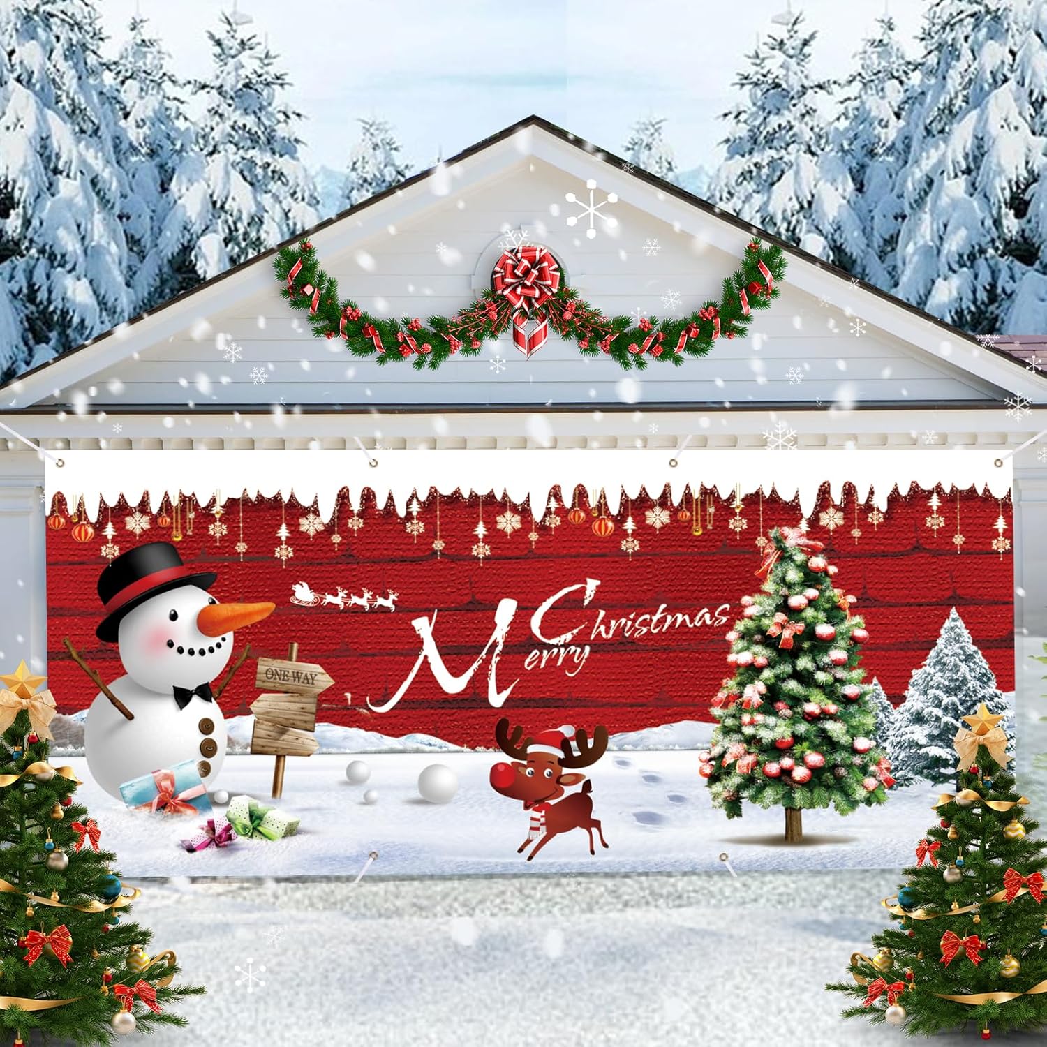 Garage Door Decorations - YEESOLAR 7x16FT Christmas Garage Door Decorations, Large Christmas Garage Door Covers 2024 Christmas Banners for Outside Garage Garage Door Christmas Cover for Indoor Outdoor Holiday Party