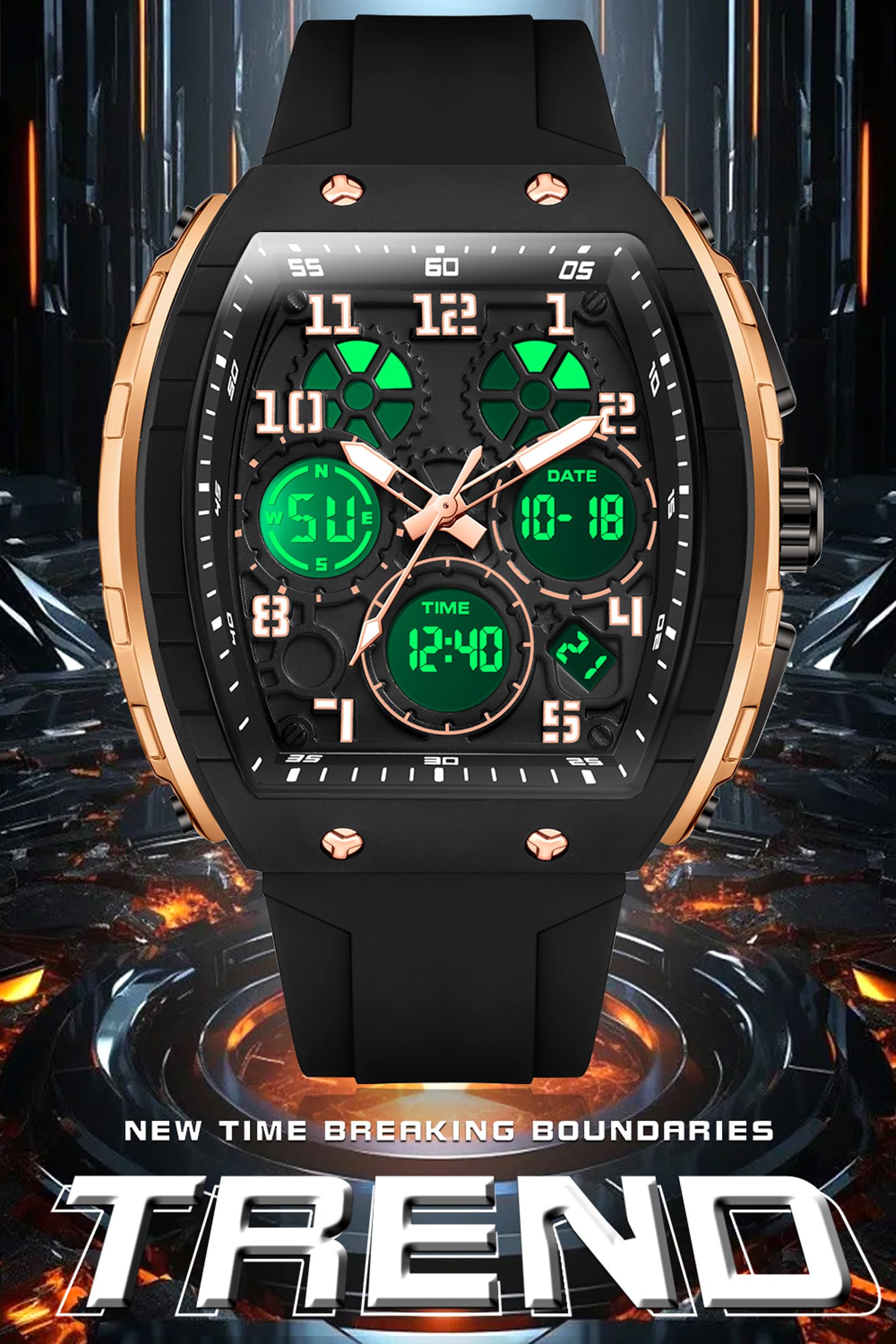 findtime Rectangular Men's Watch Cool Design Creative Men's Watches Digital Analogue Quartz Wrist Watch with Double Time Timer Stopwatch 5ATM Waterproof White Sports Watch
