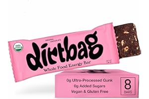 Dirtbag Bar, Organic Whole Food Energy Bar with Clean Plant Protein, Original Chocolate, 8 Pack, Dates, Oats, Nuts, 100% Dark Chocolate, NO Ultra-Processed Gunk, Vegan & Gluten Free.