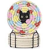 Kokaaee Drink Coasters Set of 6 - Cup Absorbent Coasters for Drinks Coffee Table Home Office Desk Decor Soft Woven Cotton Cloth Braided Fabric Drinking Cup Mat with Holder Cute Cat Flower