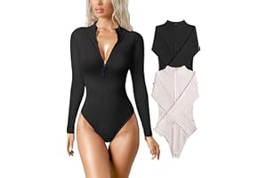 OQQ Women's 2 Piece Bodysuits Sexy Ribbed One Piece Zip Front Long Sleeve Tops Bodysuits