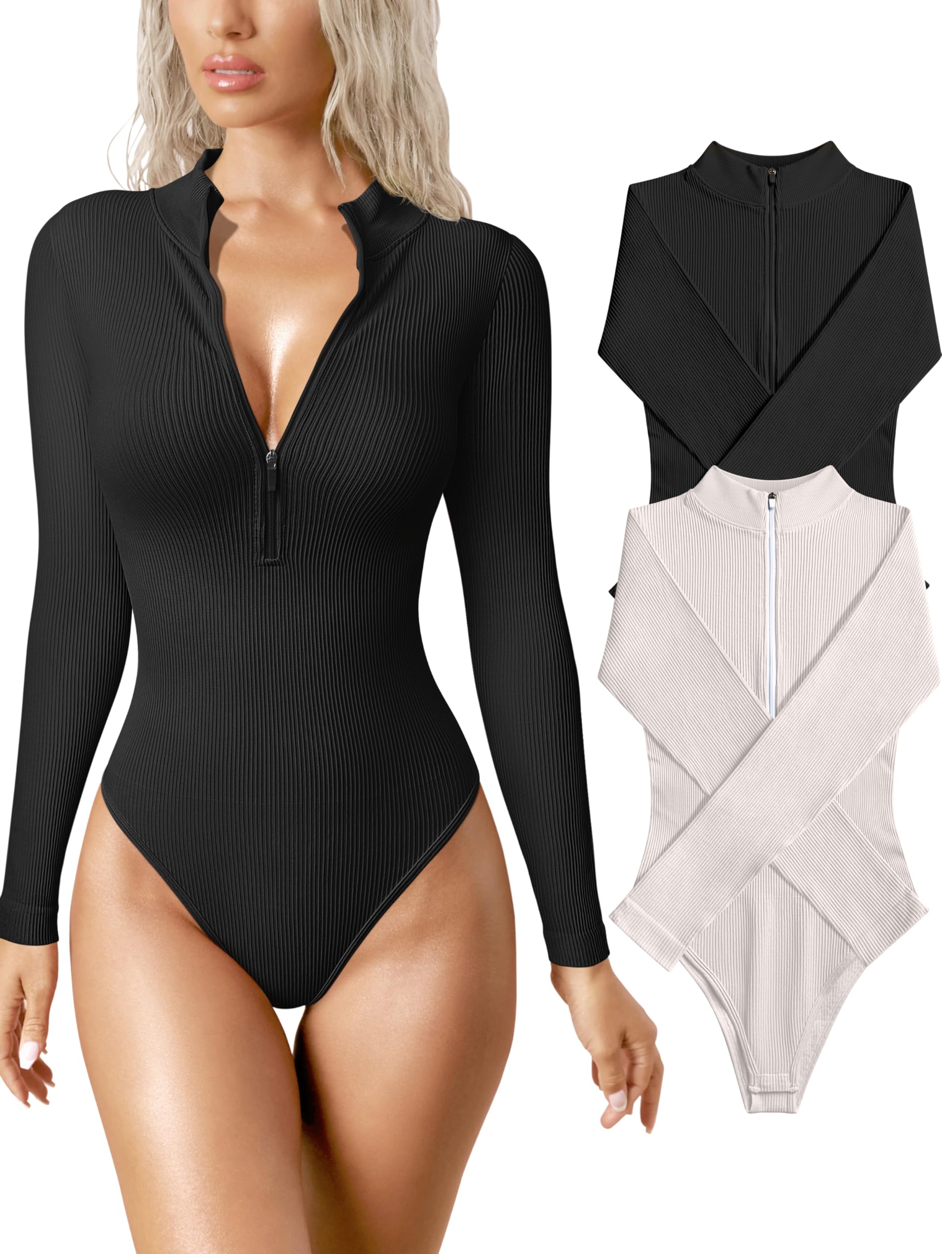 Photo 1 of OQQ Women's 2 Piece Bodysuits Sexy Ribbed One Piece Zip Front Long Sleeve Tops Bodysuits Black Pumice grey