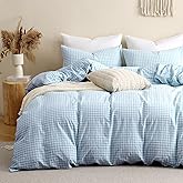 TOCOMOA Light Blue Gingham Duvet Cover Bedding Set 100% Washed Cotton Like Linen Feel Super Soft Comfy 3 Piece Vintage Plaid Checkered Comforter Cover Set (Queen 90"x90", Comforter Not Included)