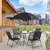 Shintenchi 6 Pieces Black Indoor Outdoor Patio Garden Set with Umbrella, Square Tempered Glass Top Dining Table and 4 Folding