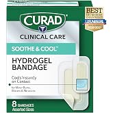 CURAD Soothe &amp; Cool Clear Waterproof Hydrogel Bandages, Assorted Sizes | 8 Count, Sterile Wound Dressings, Cooling Burn &amp; Blister Bandages, Transparent Waterproof Protection, Fast Healing Skin Care