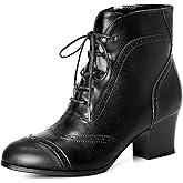 Pixoecuty Short Ankle Boots Lace Up Booties for Women Side Zipper Victorian Boots Block Chunky Mid Heel