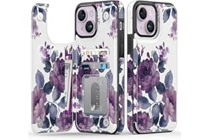 Goodon for iPhone 15 Case Wallet - Flip Folio Leather Cover with Trendy Floral Design, 3 Card Slots & Kickstand Function, Stylish Protective Phone Case for Women and Girls - Purple Blooming Flowers