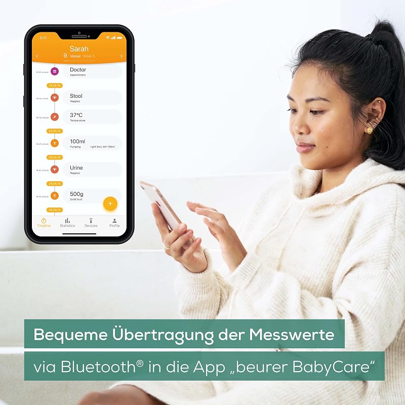BY 90 Babywaage mit kostenloser App (iOS + Android) integriertes Maßband, 20 kg Tragkraft und Hold-Funktion für stramplende Babys
