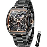 OLEVS Watch for Men Analog Quartz Luxury Diamond Waterproof Chronograph Stainless Steel Big Face Square Date Moon Phase Roman Numeral Dress Mens Watches
