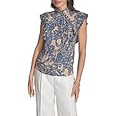 BCBG Women's Flutter Sleeve Ruffle Mock Neck Printed Blouse