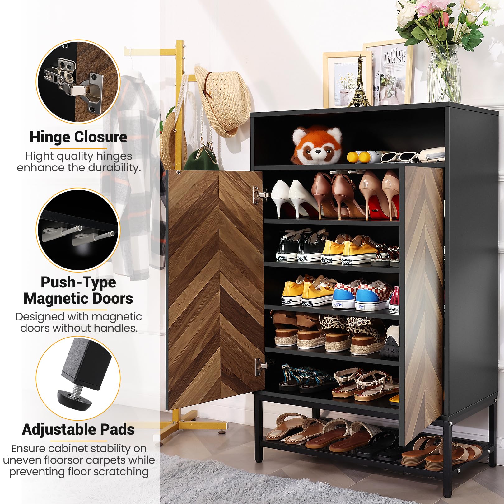 Aceshin Upgrade Shoe Organizer with Doors, Shoe Storage Cabinet with Adjustable Shelves for Entryway, 7-Tier Entryway Shoe Rack Storage for Hallway, Closet, Living Room (Black)