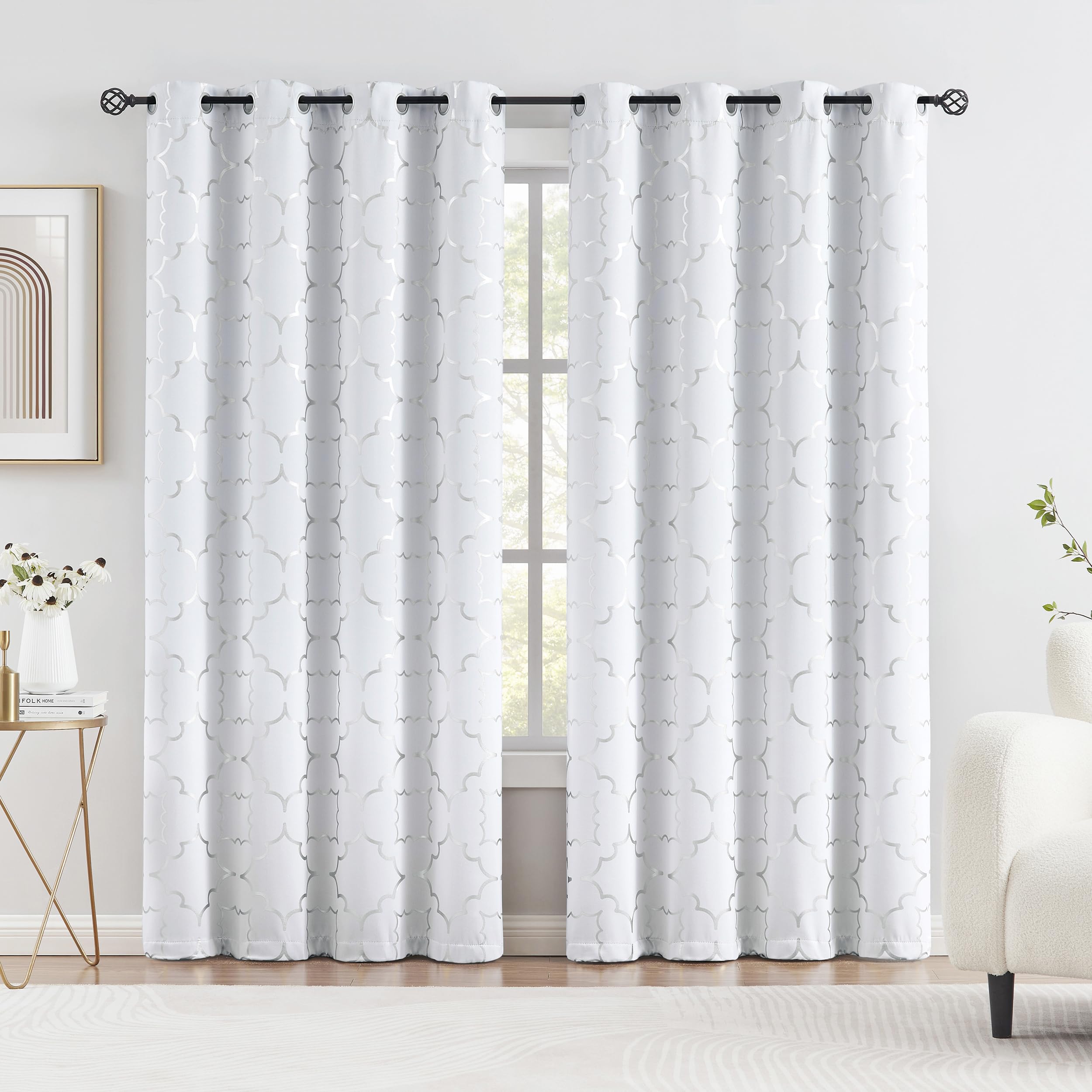 Photo 1 of ***ONLY ONE***Purainbow White Blackout Curtain Panels for Bedroom 84" Silver Foil Moroccan Metallic Print Energy Efficient Drapes for Bedroom Living Room, Thermal Insulated Window Treatments Grommet Top 2 Panels