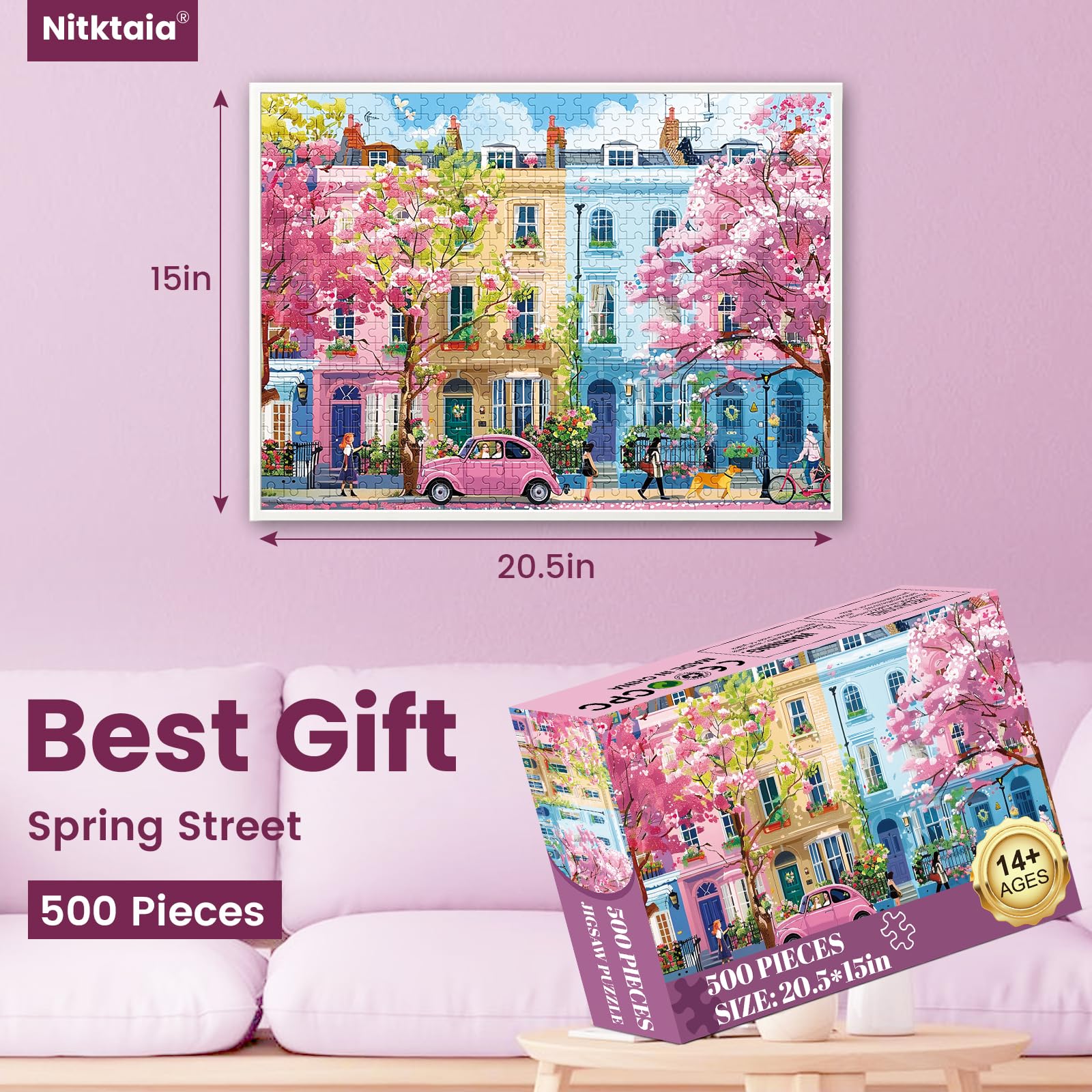 500 Pieces Jigsaw Puzzles for Adults, Beautiful Spring Street Puzzle for Adults Children Elderly, Recycled Paper Puzzle 500 Pieces, Glossy, Sturdy Pieces Challenging Family Game (20.5x15in)