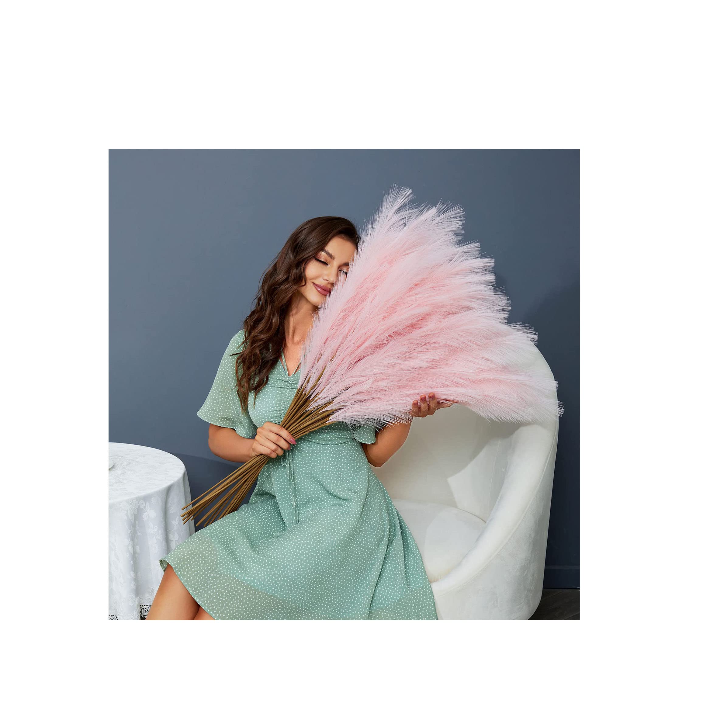 Artificial Pampas Grass 45" Tall for Floor Vase - Fluffy Fake Large Feather Decorations 3/6 Branches,Faux Plants Non-Shedding Reeds for Home Bedroom Decor, Boho Wedding Arrangement Decor (6, Pink)