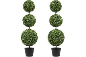 LUWENER 3FT Artificial Boxwood Topiary Tree in Pot,2 Pack Faux Topiary Trees for Front Door Porch Home Living Room Garden,Fake Outdoor Plant Boxwood Ball for Indoor&Outdoor 2, Milan Leaf