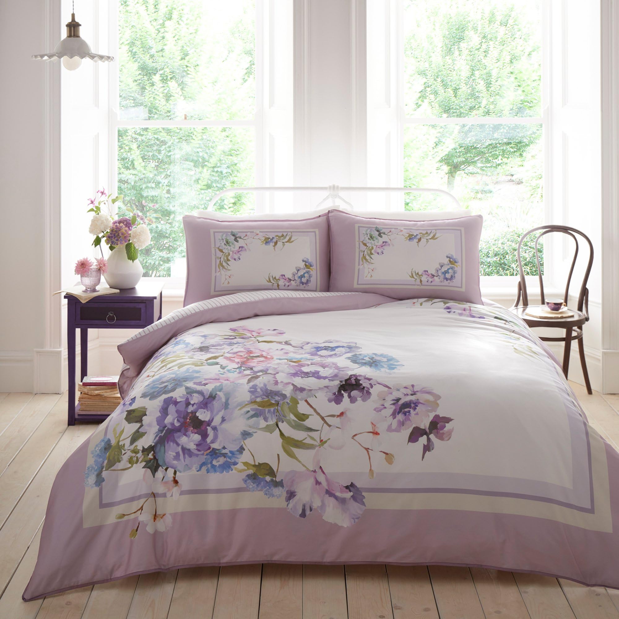 Appletree - Purple Lilac Floral Duvet Cover - Super King Bedding Size (260 x 220cm) - Reversible Designs - Soft 100% Cotton - 200 Thread Count - 2 Pillowcases - Botanical Flower Bedding in Purple