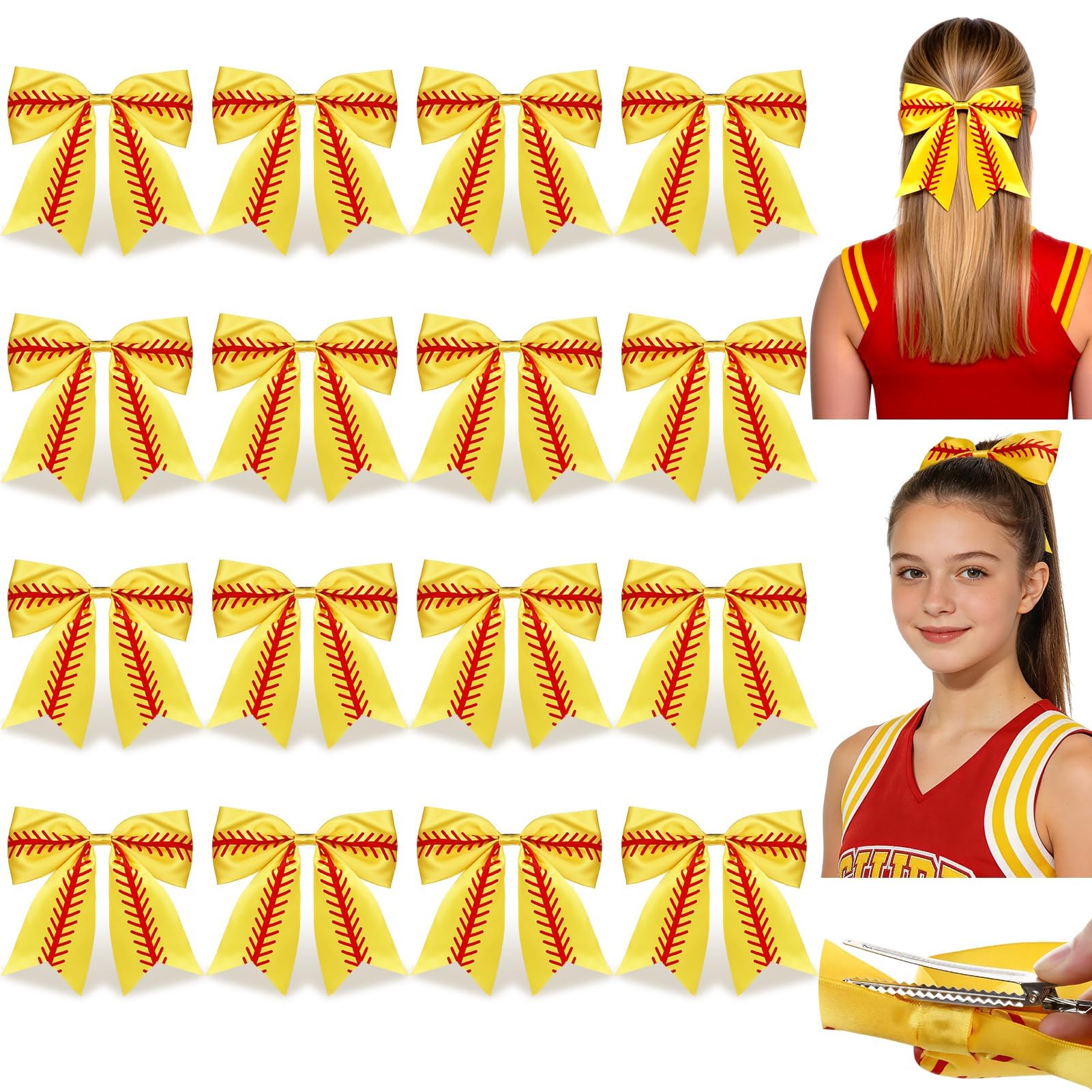 Photo 1 of 16 Pcs Softball Hair Bows, 8 Inch Large Cheerleading Bows with Alligator Clips, Yellow Red Softball Stitch Hair Accessories for Women Teens, Softball Game Day Cheer Squad Team Gifts